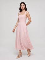 Blushing Pink Satin A-Line Square Neck Lace-up Floor-Length Dress with Pockets - Curvevia