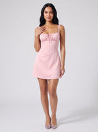 Petal Matte Satin A-Line Square Neck Back Zip Short Dress with Ruched Bodice - Curvevia