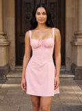 Petal Matte Satin A-Line Square Neck Back Zip Short Dress with Ruched Bodice - Curvevia
