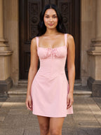 Petal Matte Satin A-Line Square Neck Back Zip Short Dress with Ruched Bodice - Curvevia
