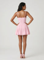Petal Satin A-Line v-neck Back Zip Short Dress with Bow - Curvevia