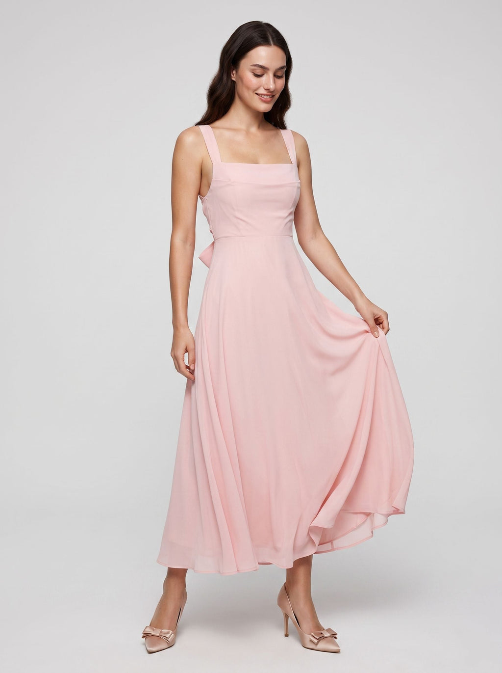 Blushing Pink Satin A-Line Square Neck Lace-up Floor-Length Dress with Pockets - Curvevia