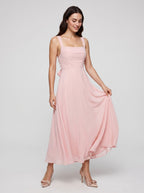Blushing Pink Satin A-Line Square Neck Lace-up Floor-Length Dress with Pockets - Curvevia