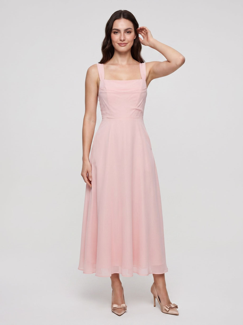 Blushing Pink Satin A-Line Square Neck Lace-up Floor-Length Dress with Pockets - Curvevia
