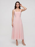 Blushing Pink Satin A-Line Square Neck Lace-up Floor-Length Dress with Pockets - Curvevia