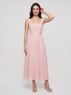 Blushing Pink Satin A-Line Square Neck Lace-up Floor-Length Dress with Pockets - Curvevia