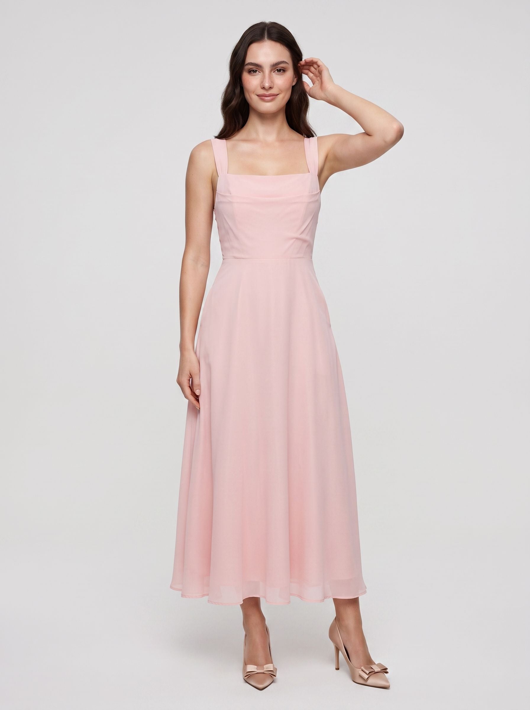 Blushing Pink Satin A-Line Square Neck Lace-up Floor-Length Dress with Pockets - Curvevia