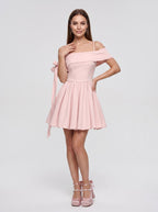 Blushing Pink Satin A-Line One Shoulder Back Zip Short Dress with Pleating - Curvevia