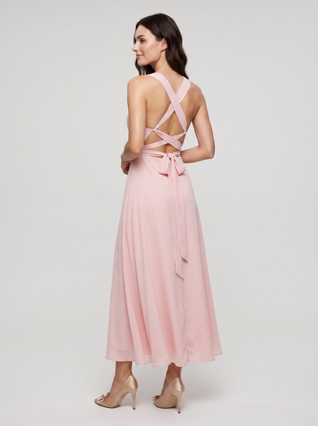 Blushing Pink Satin A-Line Square Neck Lace-up Floor-Length Dress with Pockets - Curvevia