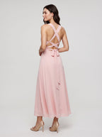 Blushing Pink Satin A-Line Square Neck Lace-up Floor-Length Dress with Pockets - Curvevia