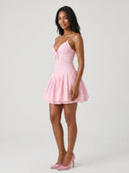 Petal Satin A-Line v-neck Back Zip Short Dress with Bow - Curvevia