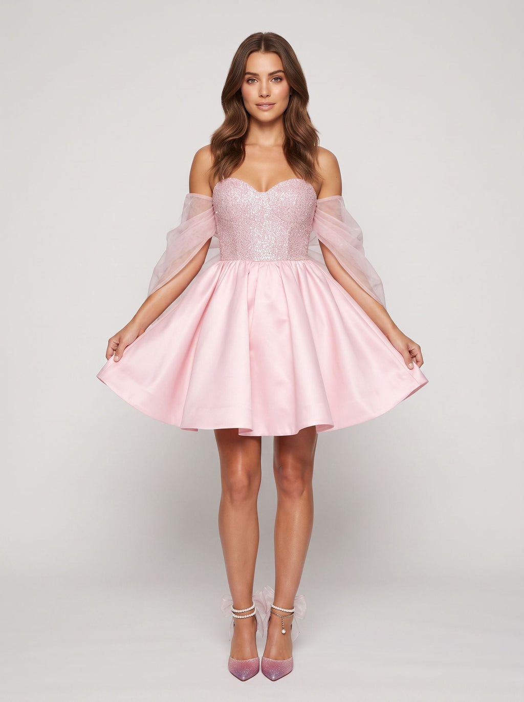Petal Satin A-Line Sweetheart Bow Short Dress with Sequins - Curvevia