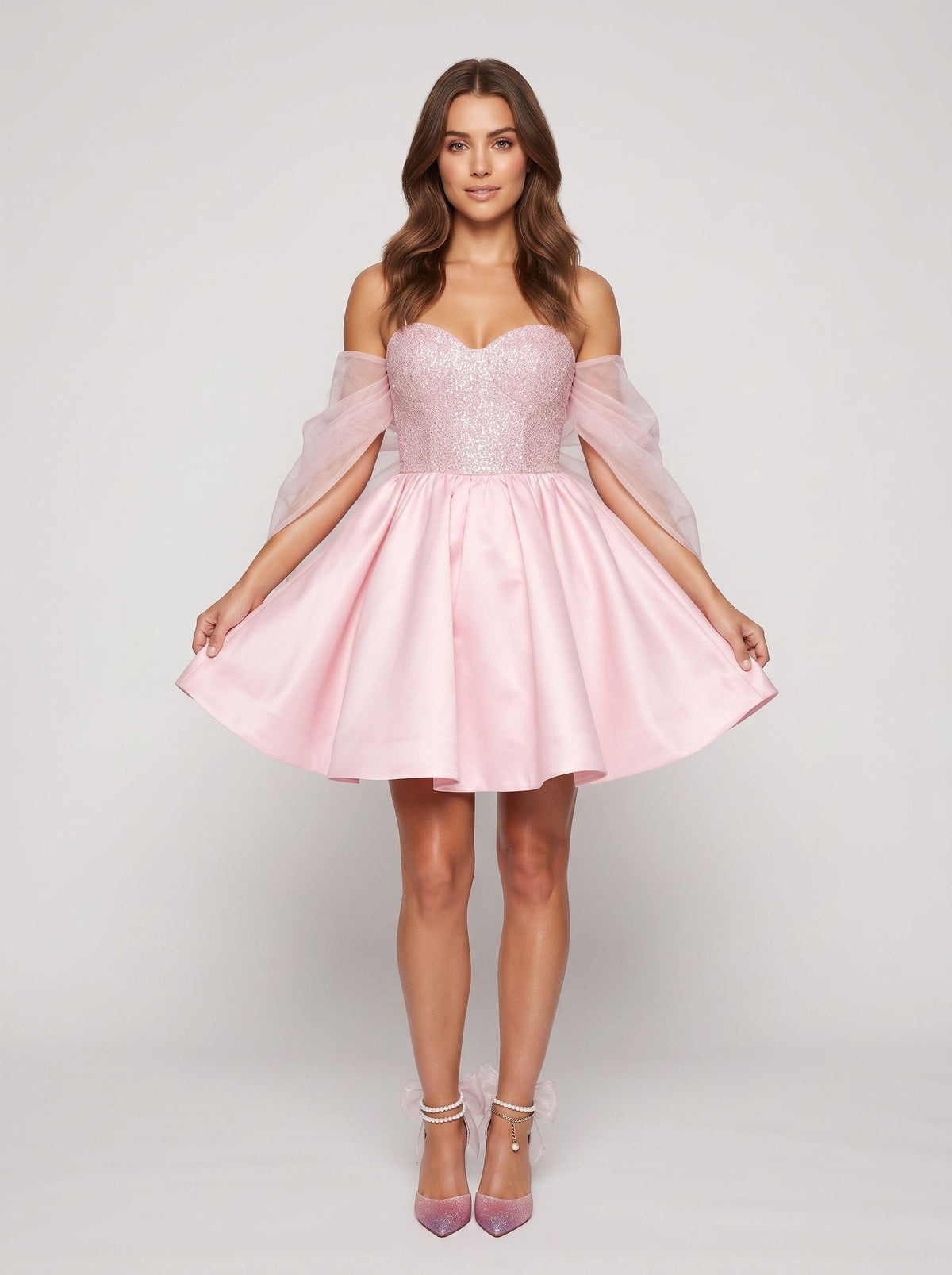 Petal Satin A-Line Sweetheart Bow Short Dress with Sequins - Curvevia