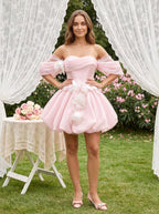 Blushing Pink Satin A-Line Sweetheart Back Zip Short Dress with Appliques - Curvevia