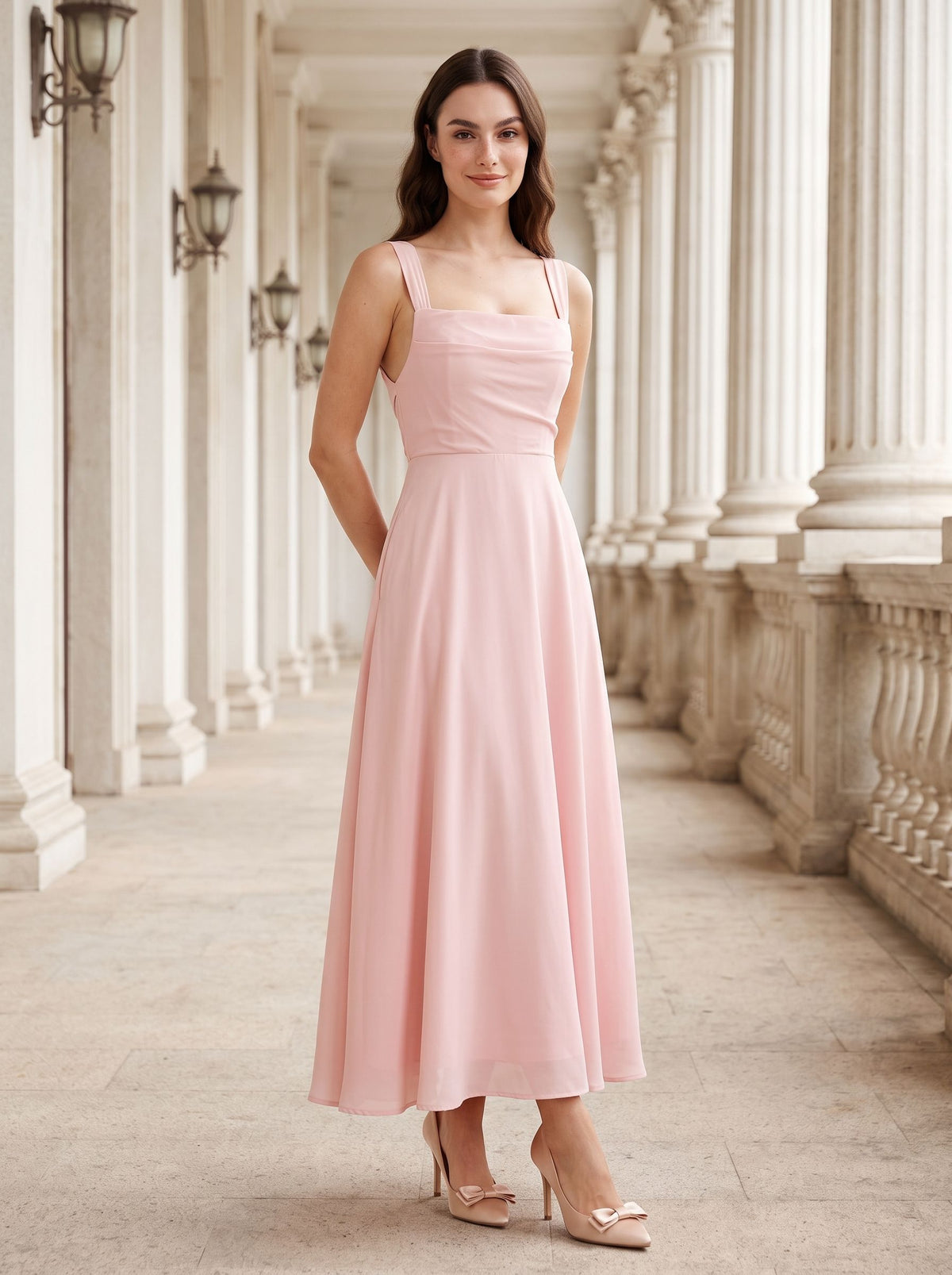 Blushing Pink Satin A-Line Square Neck Lace-up Floor-Length Dress with Pockets - Curvevia