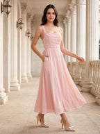 Blushing Pink Satin A-Line Square Neck Lace-up Floor-Length Dress with Pockets - Curvevia