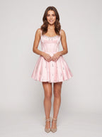 Petal Satin A-Line Sweetheart Back Zip Short Dress with Rhinestone Corset Bodice - Curvevia