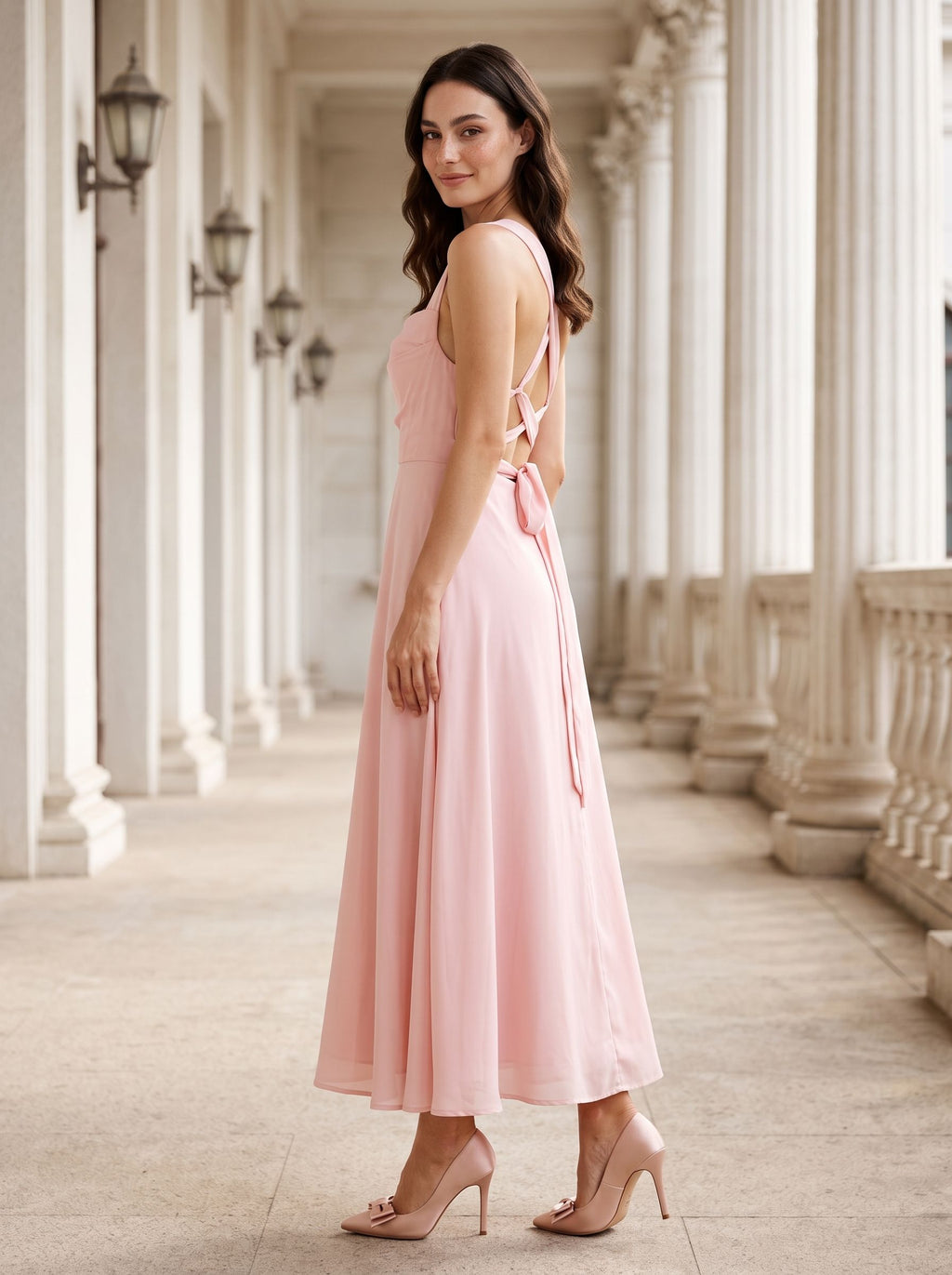 Blushing Pink Satin A-Line Square Neck Lace-up Floor-Length Dress with Pockets - Curvevia