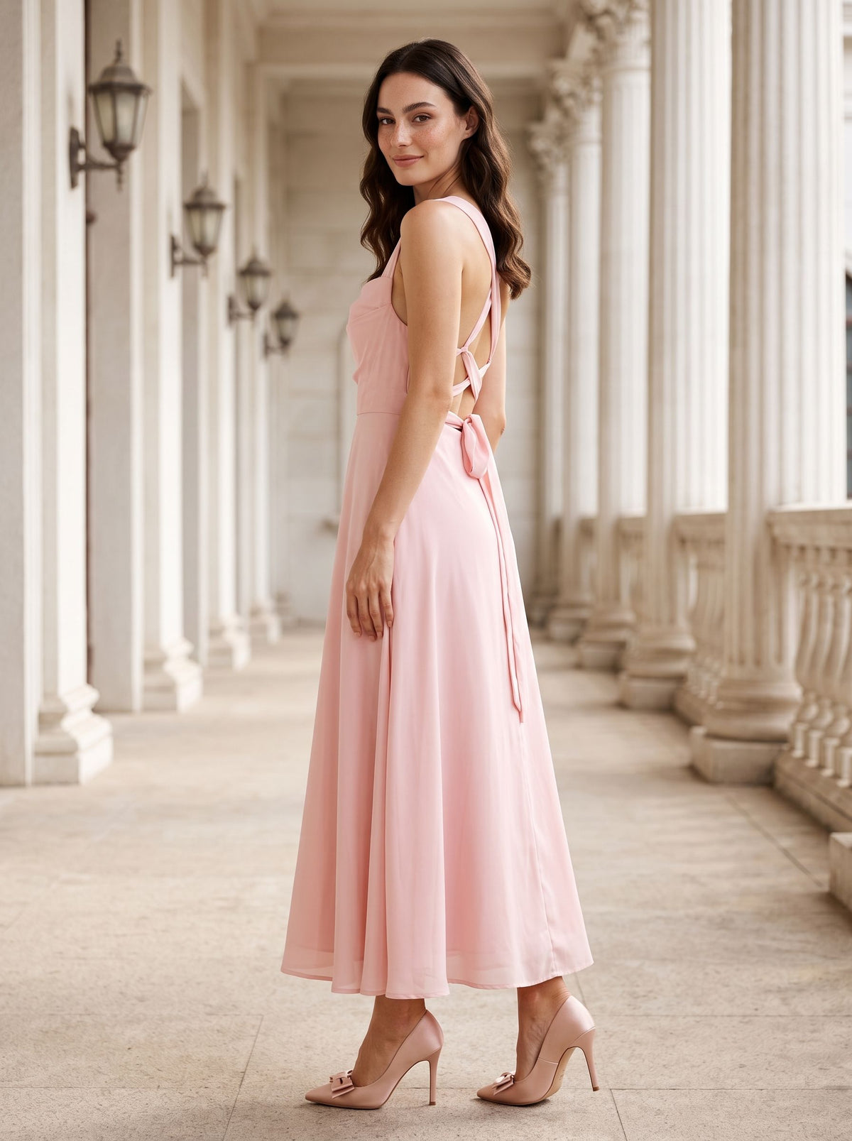 Blushing Pink Satin A-Line Square Neck Lace-up Floor-Length Dress with Pockets - Curvevia