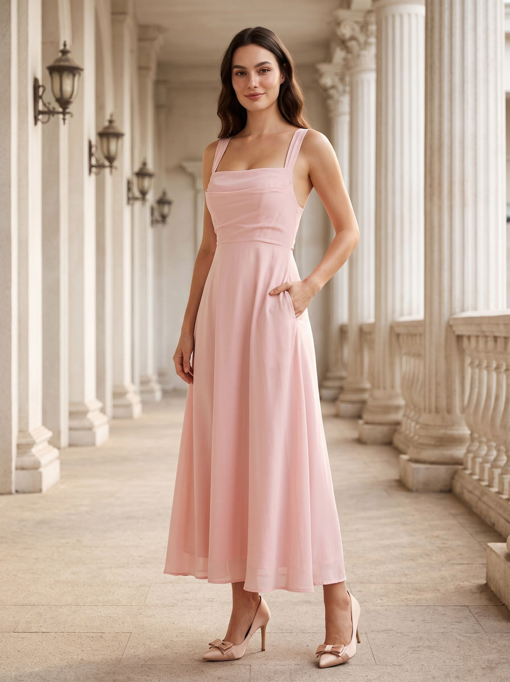 Blushing Pink Satin A-Line Square Neck Lace-up Floor-Length Dress with Pockets - Curvevia