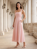 Blushing Pink Satin A-Line Square Neck Lace-up Floor-Length Dress with Pockets - Curvevia