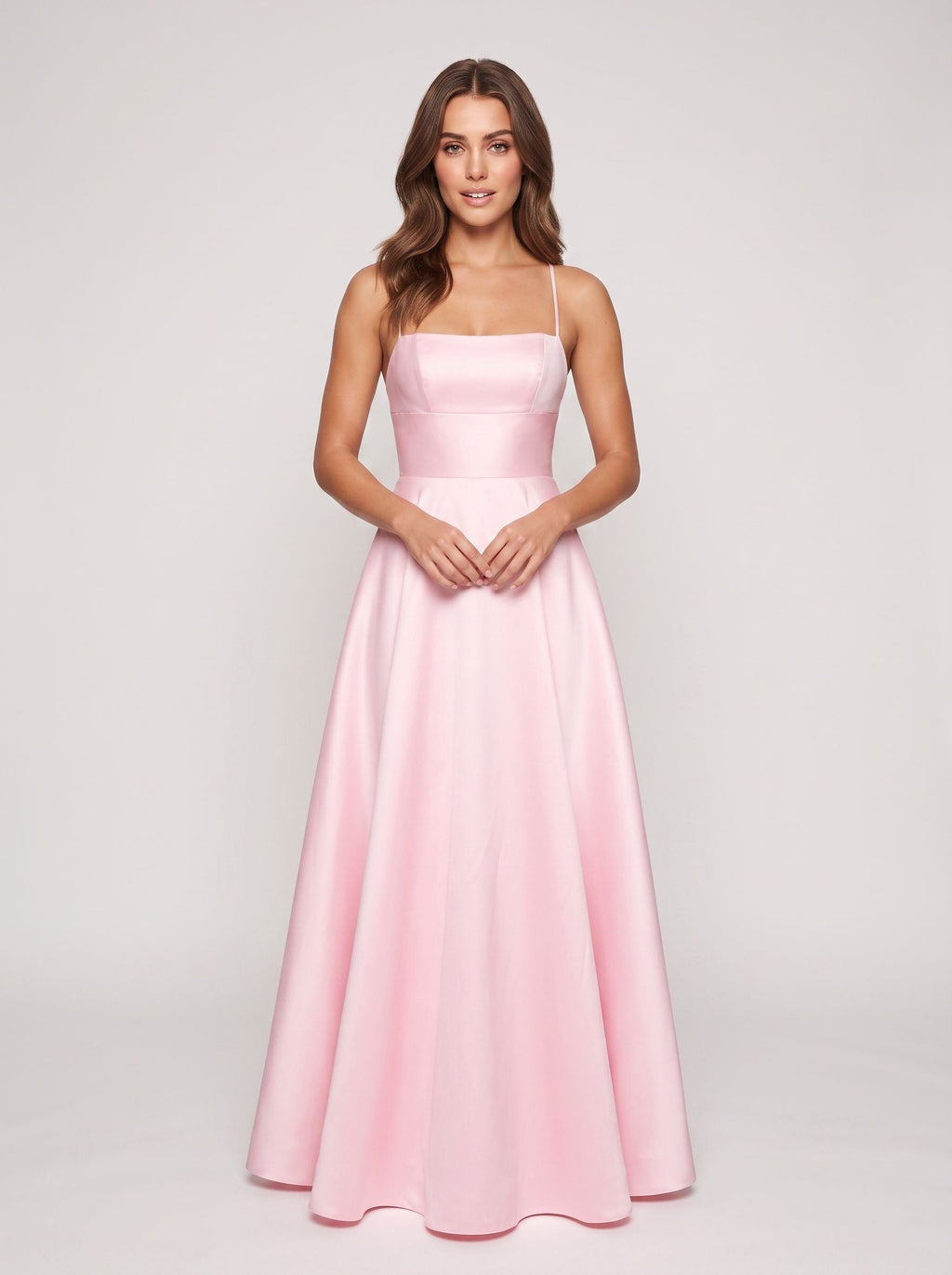 Petal Satin A-Line Straight Neck Backless Floor-Length Dress with Pleated Bodice - Curvevia
