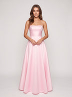 Petal Satin A-Line Straight Neck Backless Floor-Length Dress with Pleated Bodice - Curvevia