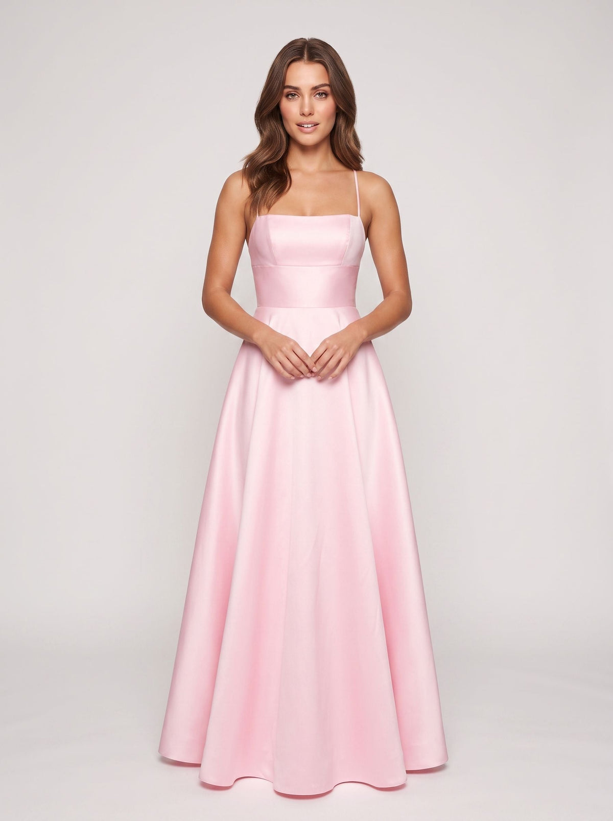 Petal Satin A-Line Straight Neck Backless Floor-Length Dress with Pleated Bodice - Curvevia