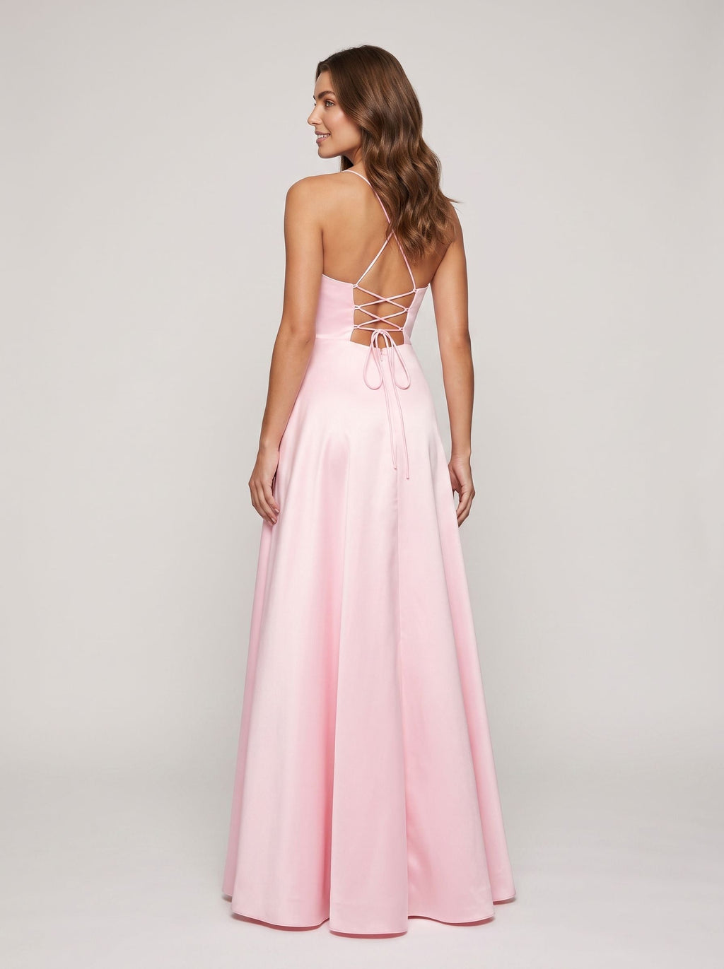 Petal Satin A-Line Straight Neck Backless Floor-Length Dress with Pleated Bodice - Curvevia