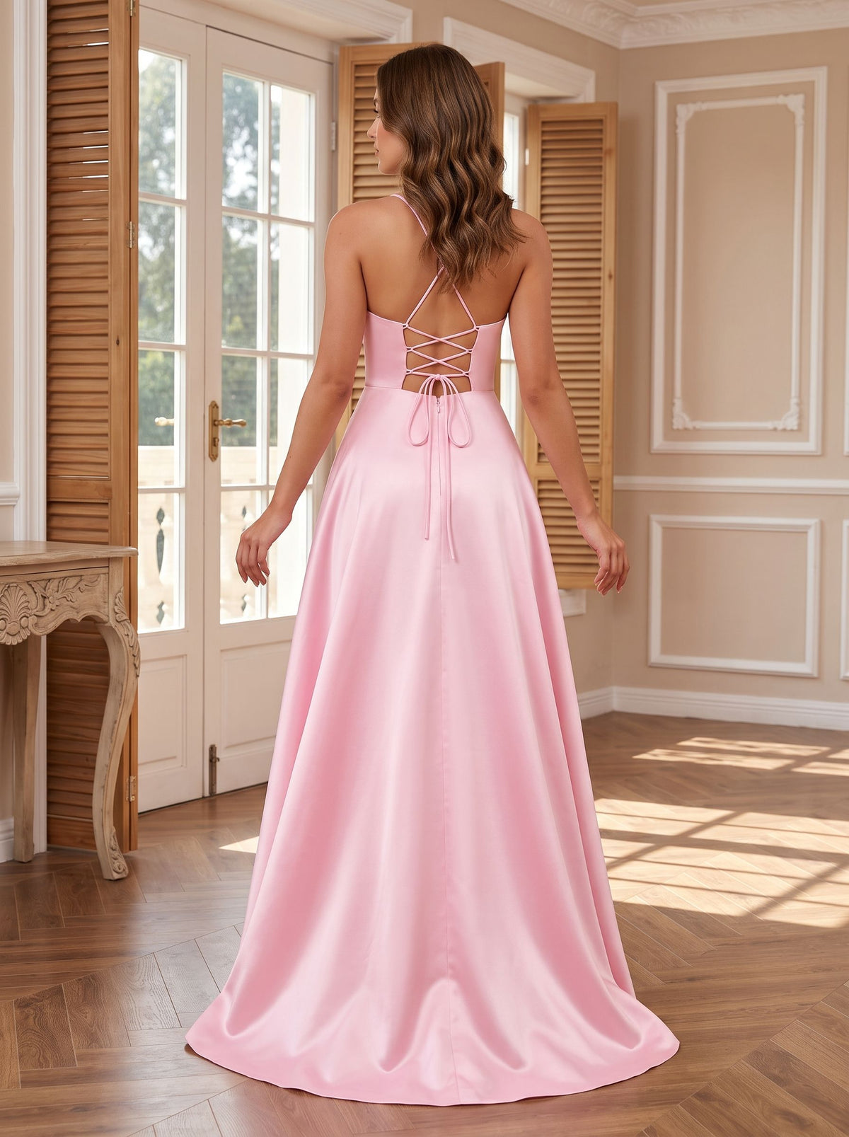 Petal Satin A-Line Straight Neck Backless Floor-Length Dress with Pleated Bodice - Curvevia