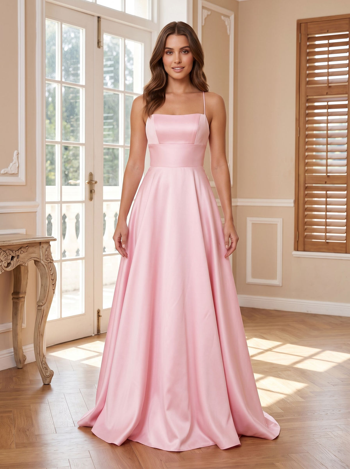 Petal Satin A-Line Straight Neck Backless Floor-Length Dress with Pleated Bodice - Curvevia