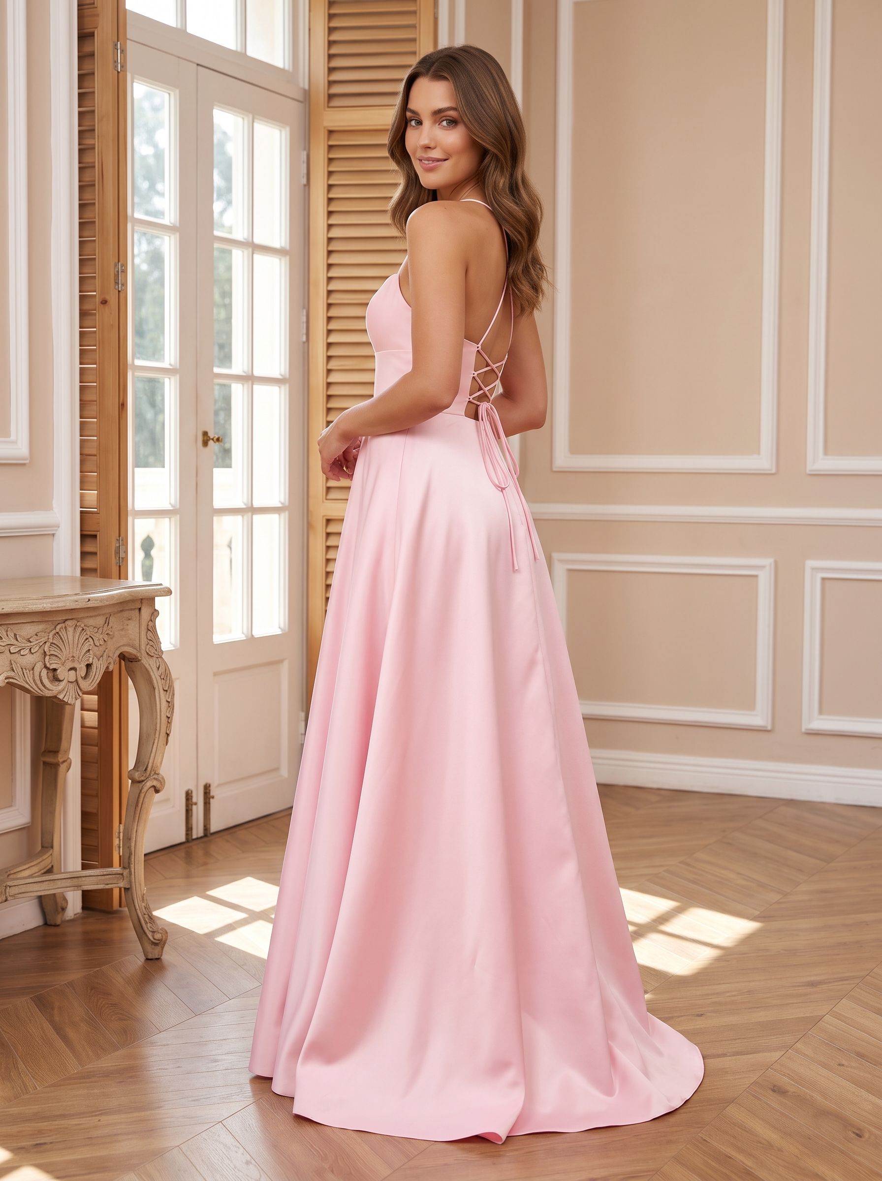 Petal Satin A-Line Straight Neck Backless Floor-Length Dress with Pleated Bodice - Curvevia