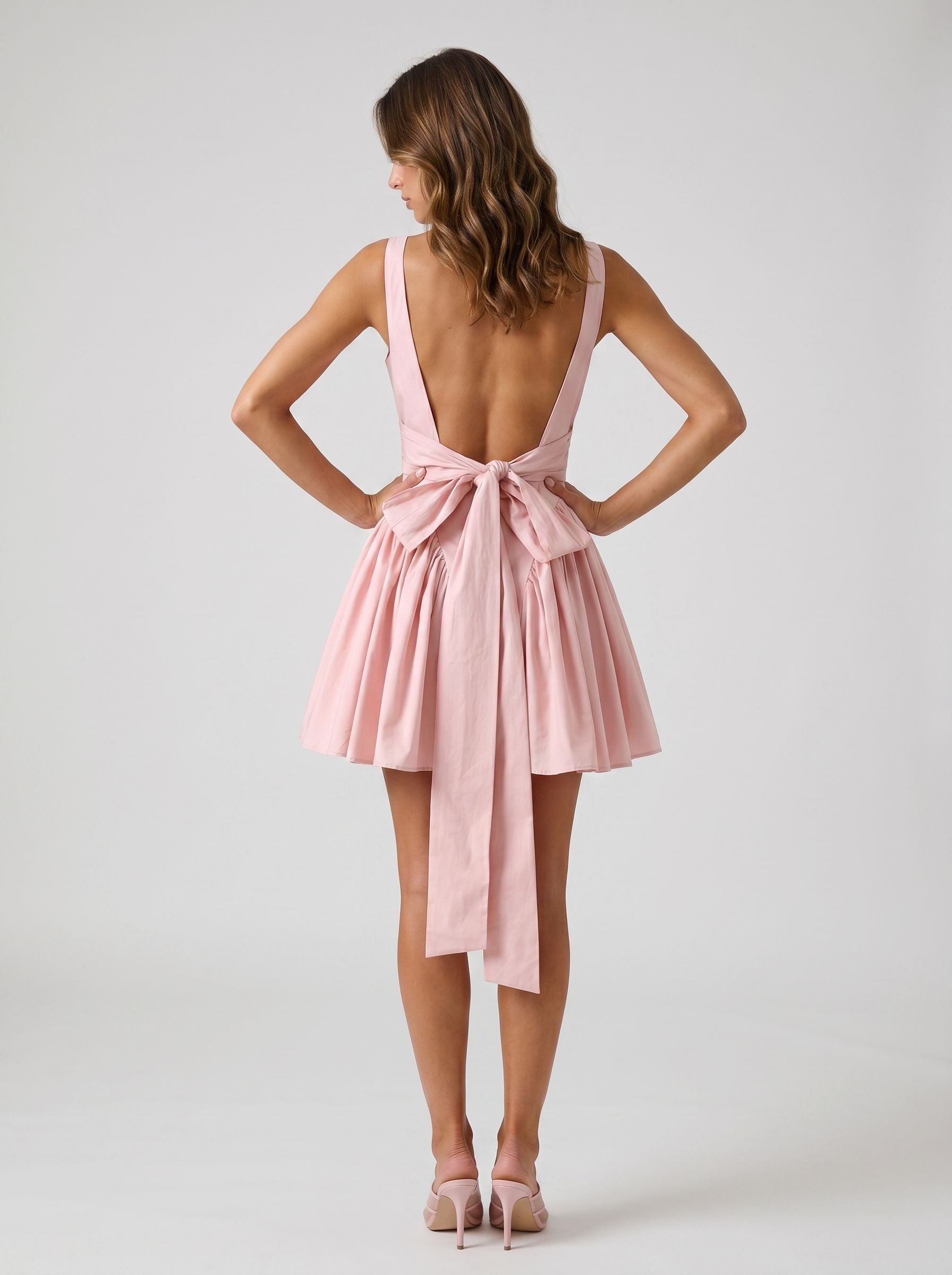 Petal Matte Satin A-Line Square Neck Bow Short Dress with Structured Bodice - Curvevia