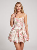 Pink Satin A-Line Straight Neck Back Zip Short Dress with Floral Print - Curvevia