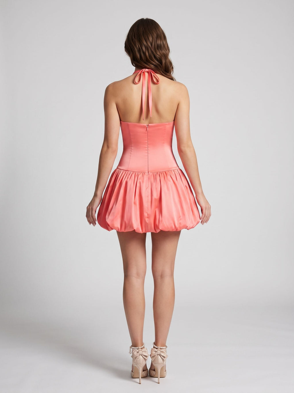 Coral Satin A-Line Halter neckline Back Zip Short Dress with Pleating - Curvevia