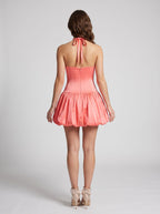 Coral Satin A-Line Halter neckline Back Zip Short Dress with Pleating - Curvevia