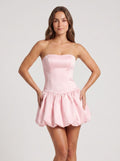 Petal Satin A-Line Straight Neck Lace-up Short Dress with Pleated Bodice - Curvevia