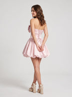 Blushing Pink Satin A-Line Straight Neck Lace-up Short Dress with Bow - Curvevia