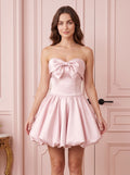 Blushing Pink Satin A-Line Straight Neck Lace-up Short Dress with Bow - Curvevia