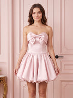 Blushing Pink Satin A-Line Straight Neck Lace-up Short Dress with Bow - Curvevia