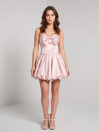 Blushing Pink Satin A-Line Straight Neck Lace-up Short Dress with Bow - Curvevia