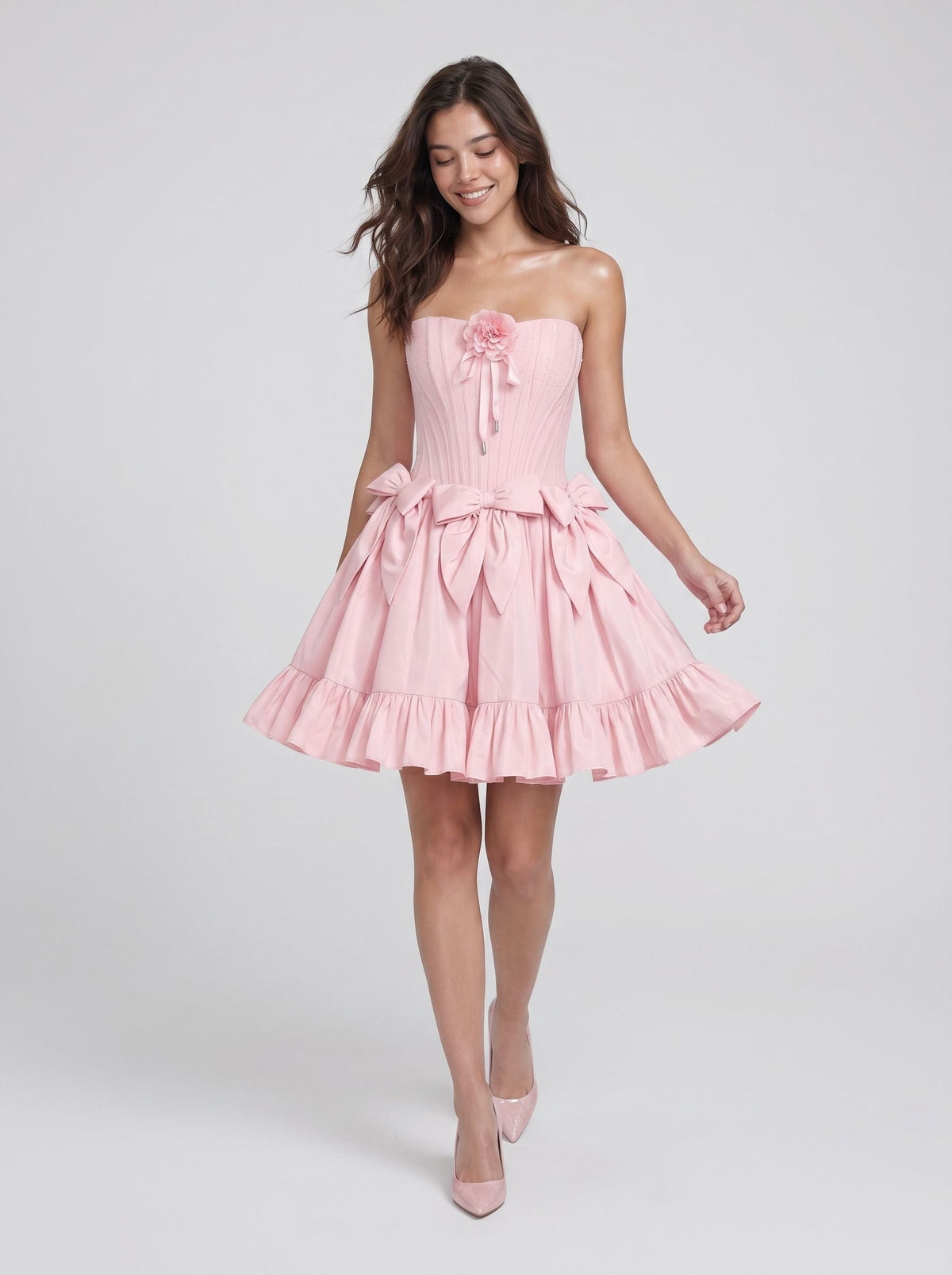 Petal Satin A-Line Straight Neck Back Zip Short Dress with 3D Flowers - Curvevia