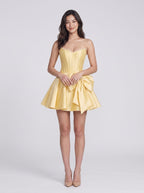 Daffodil Satin A-Line V-Neck Corset Back Short Dress with Bow - Curvevia