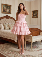 Petal Satin A-Line Straight Neck Back Zip Short Dress with 3D Flowers - Curvevia