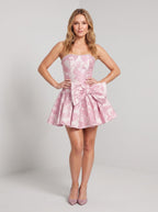 Pink Jacquard A-Line Straight Neck Back Zip Short Dress with Pearl Bowknot - Curvevia