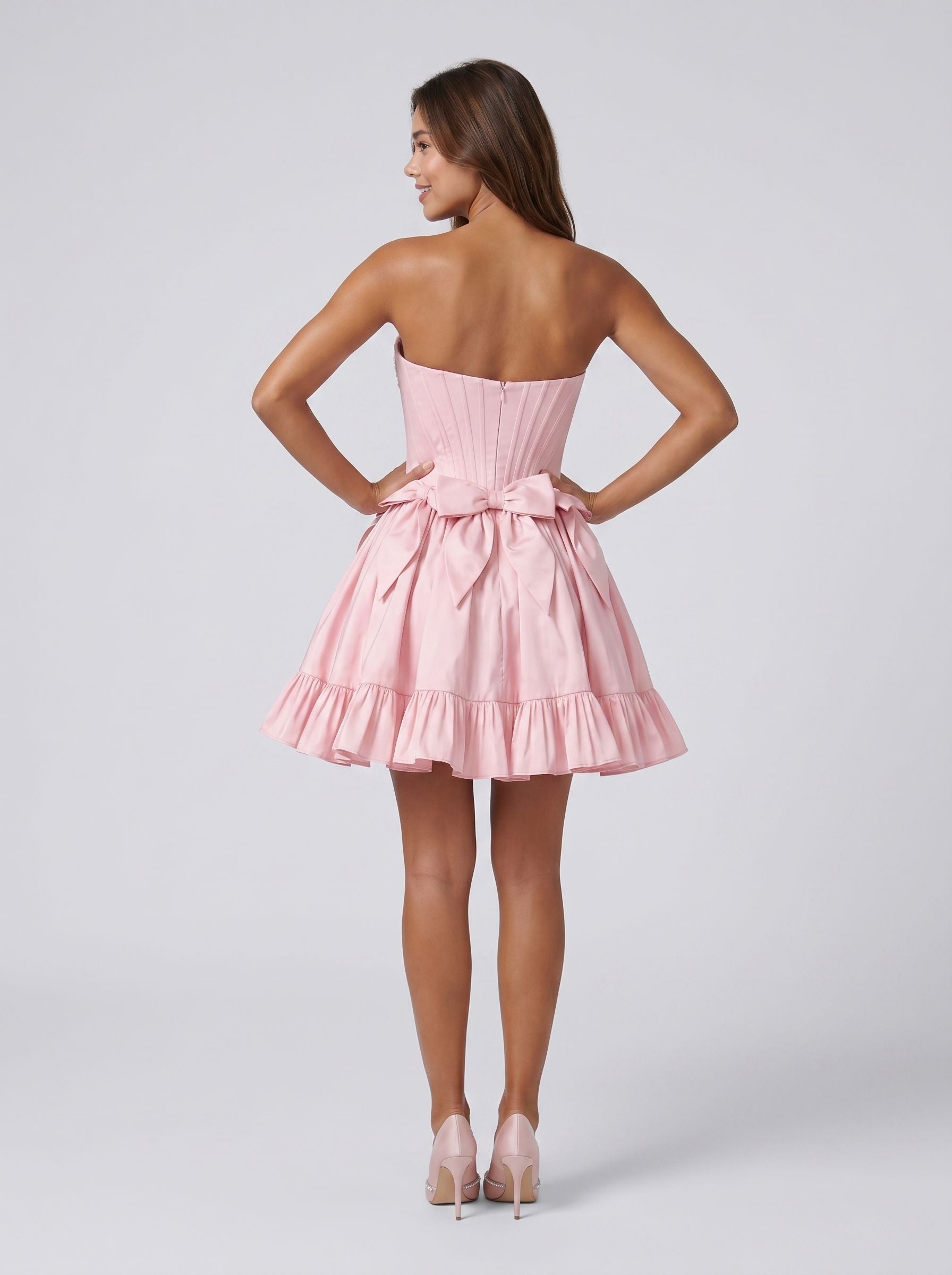 Petal Satin A-Line Straight Neck Back Zip Short Dress with 3D Flowers - Curvevia