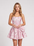 Pink Jacquard A-Line Straight Neck Back Zip Short Dress with Pearl Bowknot - Curvevia