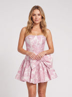 Pink Jacquard A-Line Straight Neck Back Zip Short Dress with Pearl Bowknot - Curvevia