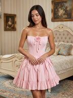 Petal Satin A-Line Straight Neck Back Zip Short Dress with 3D Flowers - Curvevia
