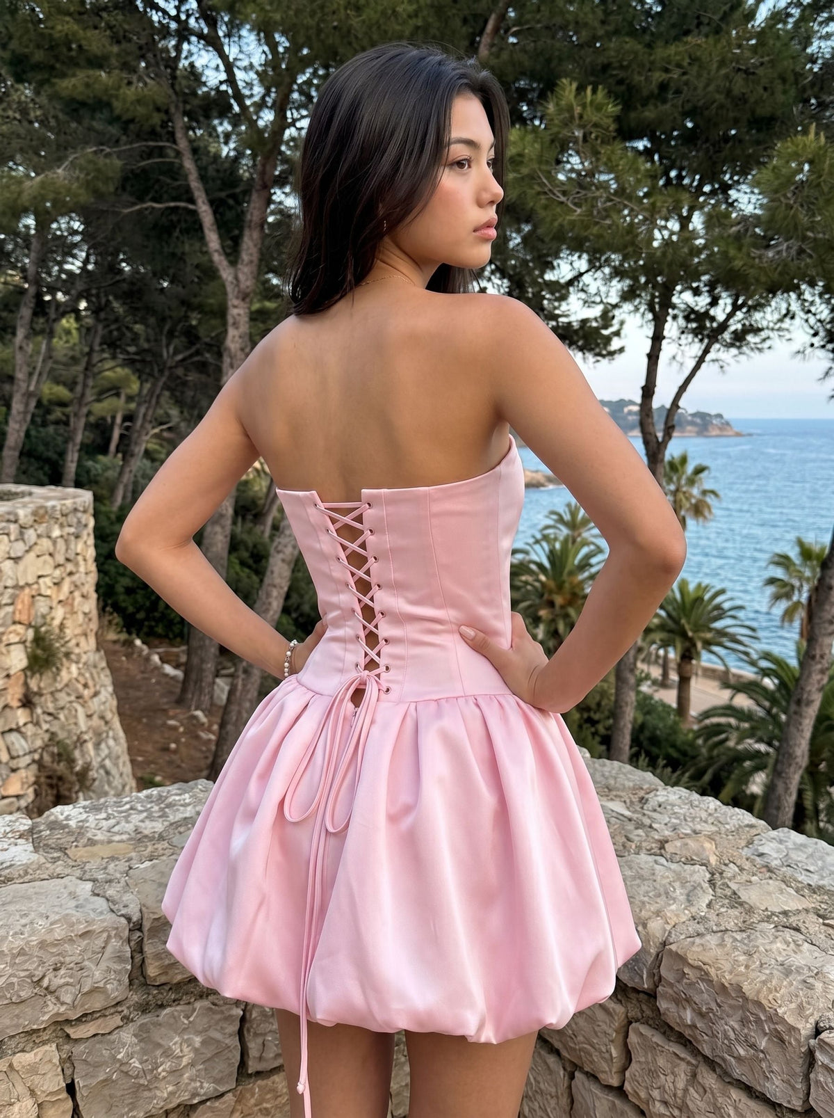 Petal Satin A-Line Straight Neck Criss-Cross Straps Short Dress with Structured Boning - Curvevia
